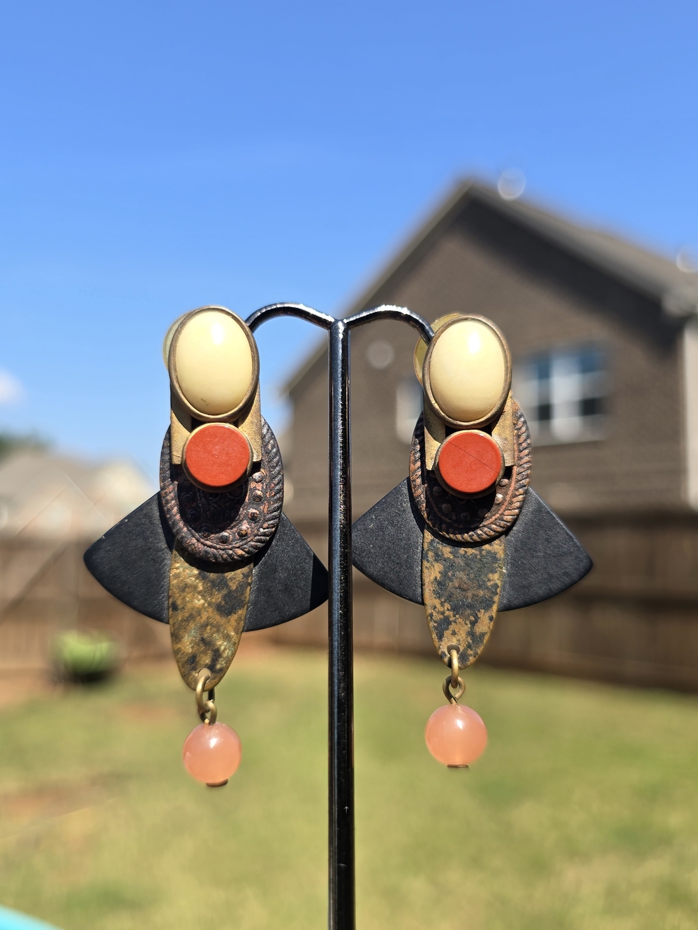 VTG John Michael Richardson Mixed Metal Fan Dangle Earrings Statement Modernist